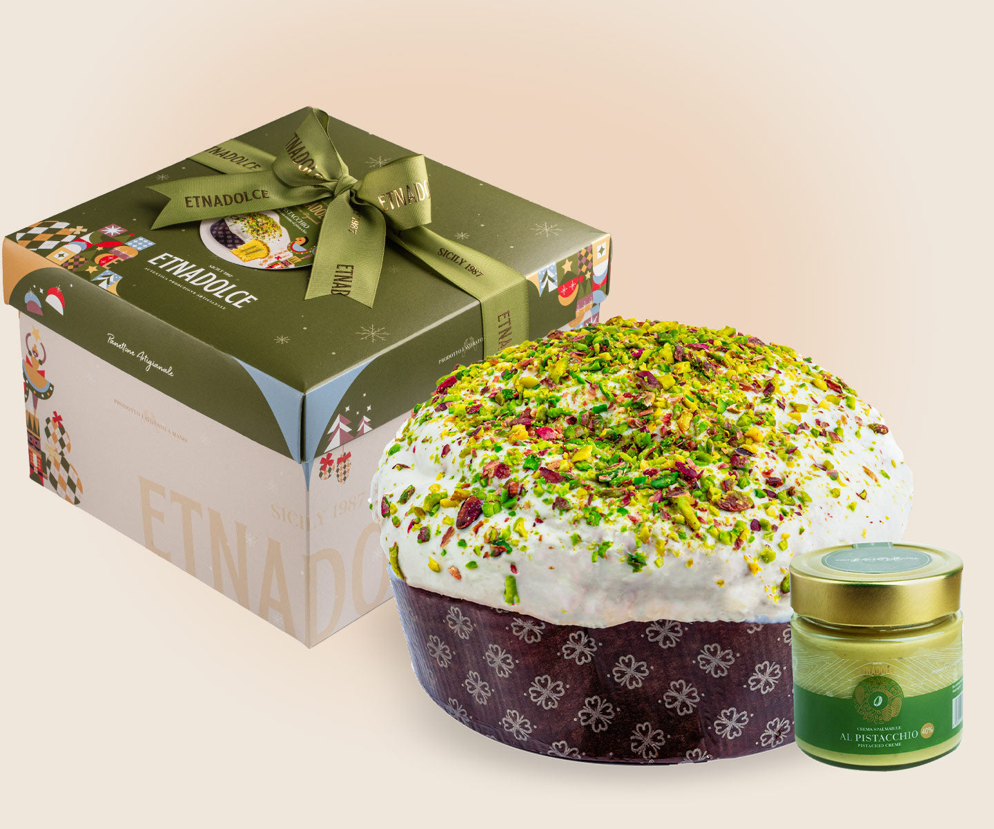 Cofanetto Panettone Pistacchio da 750gr + Crema di Pistacchio da 240gr – Scatola