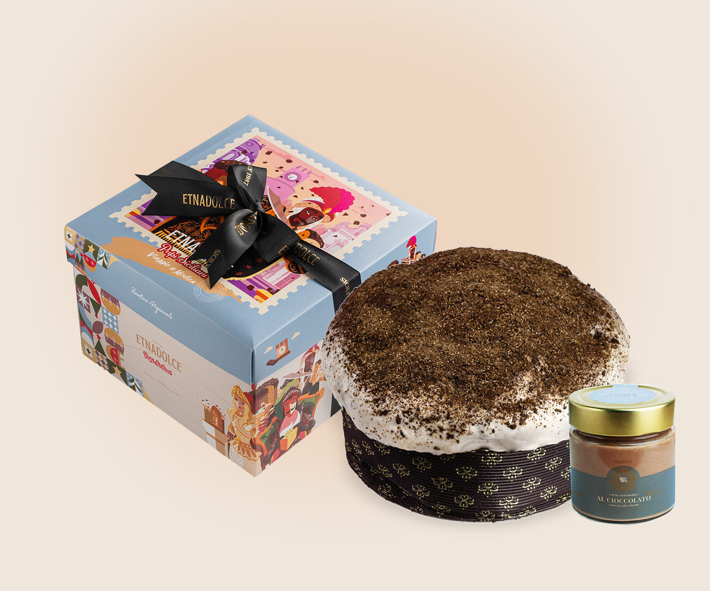 Cofanetto Panettone Vulcano Modicano da 750gr + Crema al “Cioccolato di Modica I.G.P.” da 40gr – Scatola