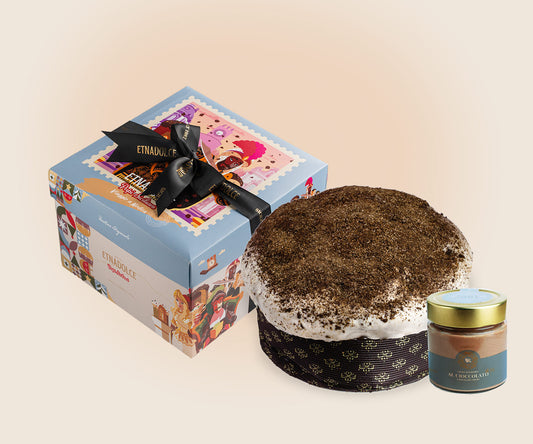 Cofanetto Panettone Vulcano Modicano da 750gr + Crema al “Cioccolato di Modica I.G.P.” da 40gr – Scatola